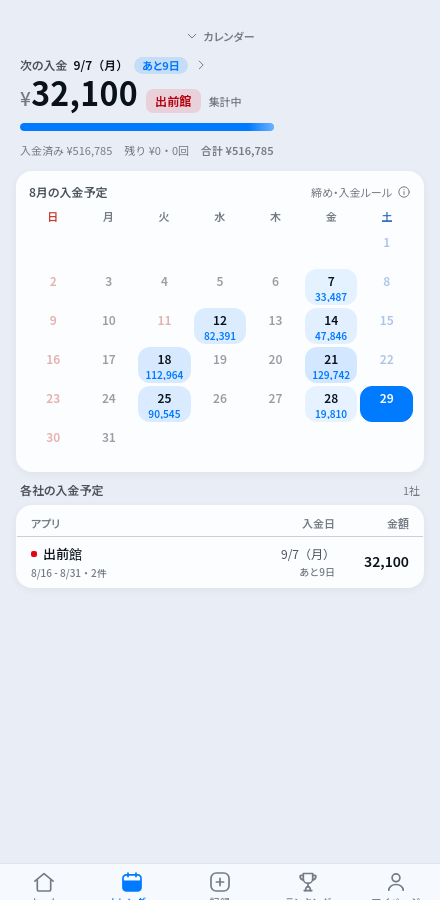入金予定カレンダー。各社の入金日と金額が並んでいる
